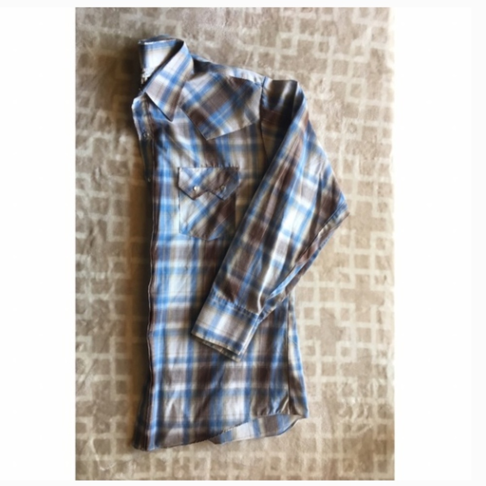 Blue and Tan Pearl-Snap Shirt, Men's Large